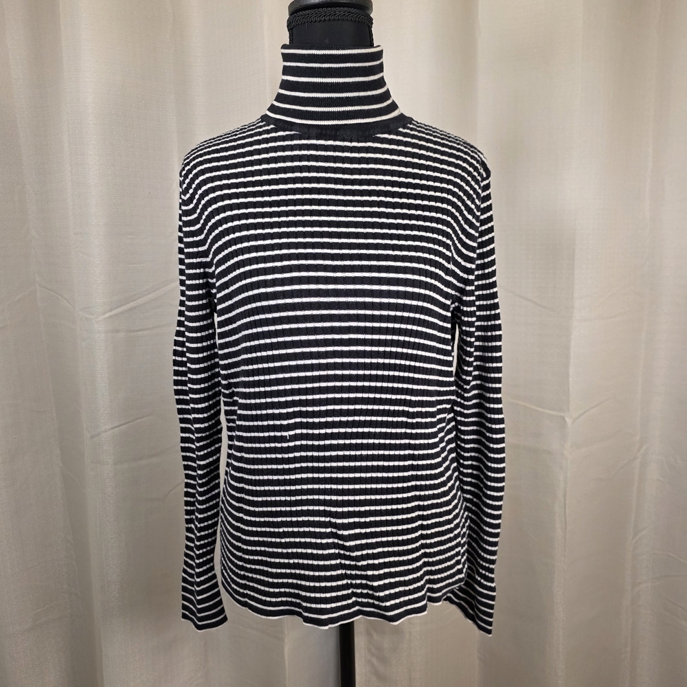 Talbots Black White Striped Ribbed Turtleneck Sweater Size L